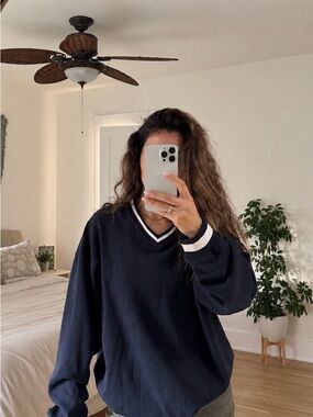 Brandy Melville Navy V-Neck Varsity Oversized Sweatshirt NWT Large/XLarge